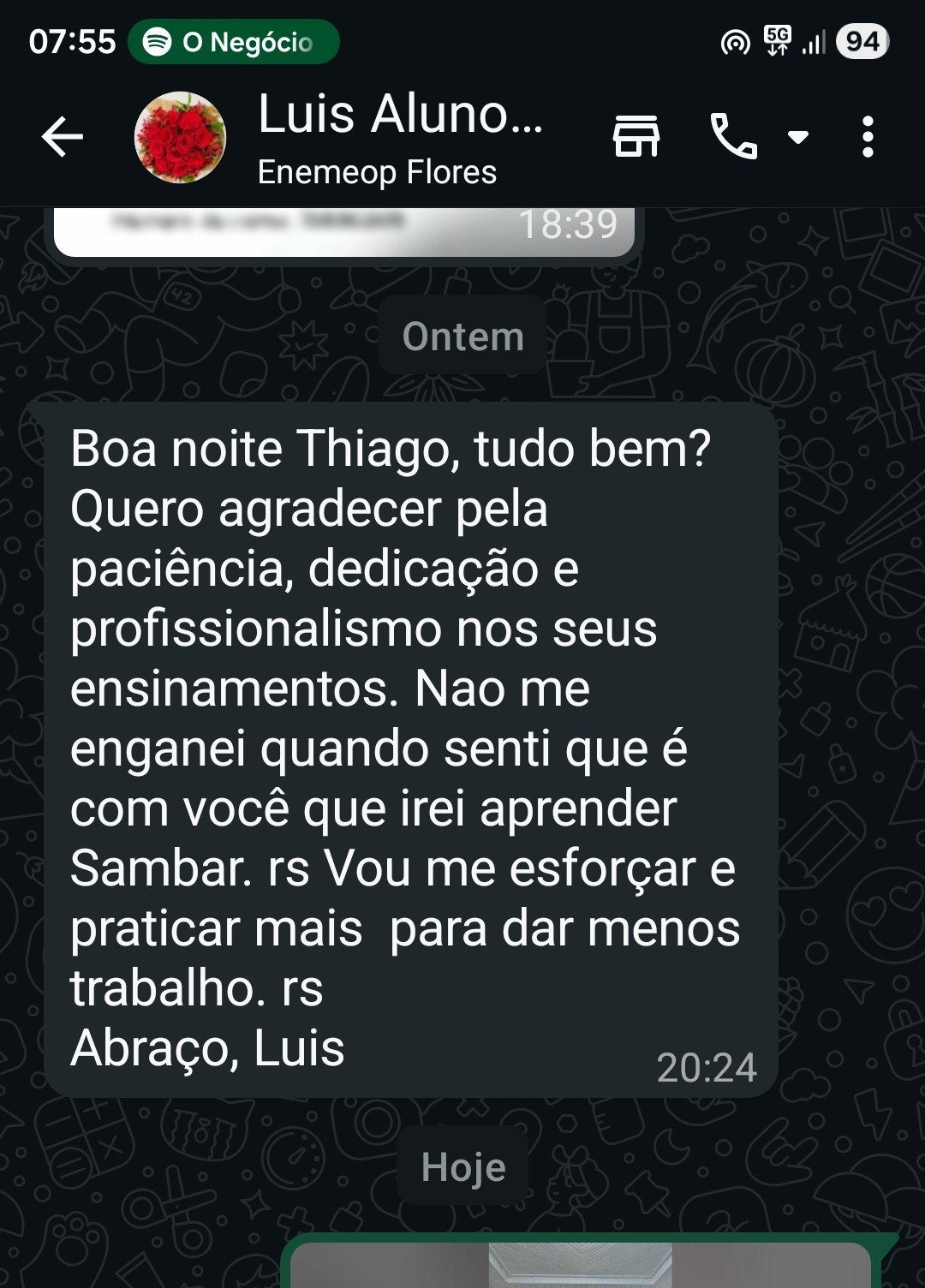 Depoimento de aluno da Kasa da Dança agradecendo por aprender a sambar